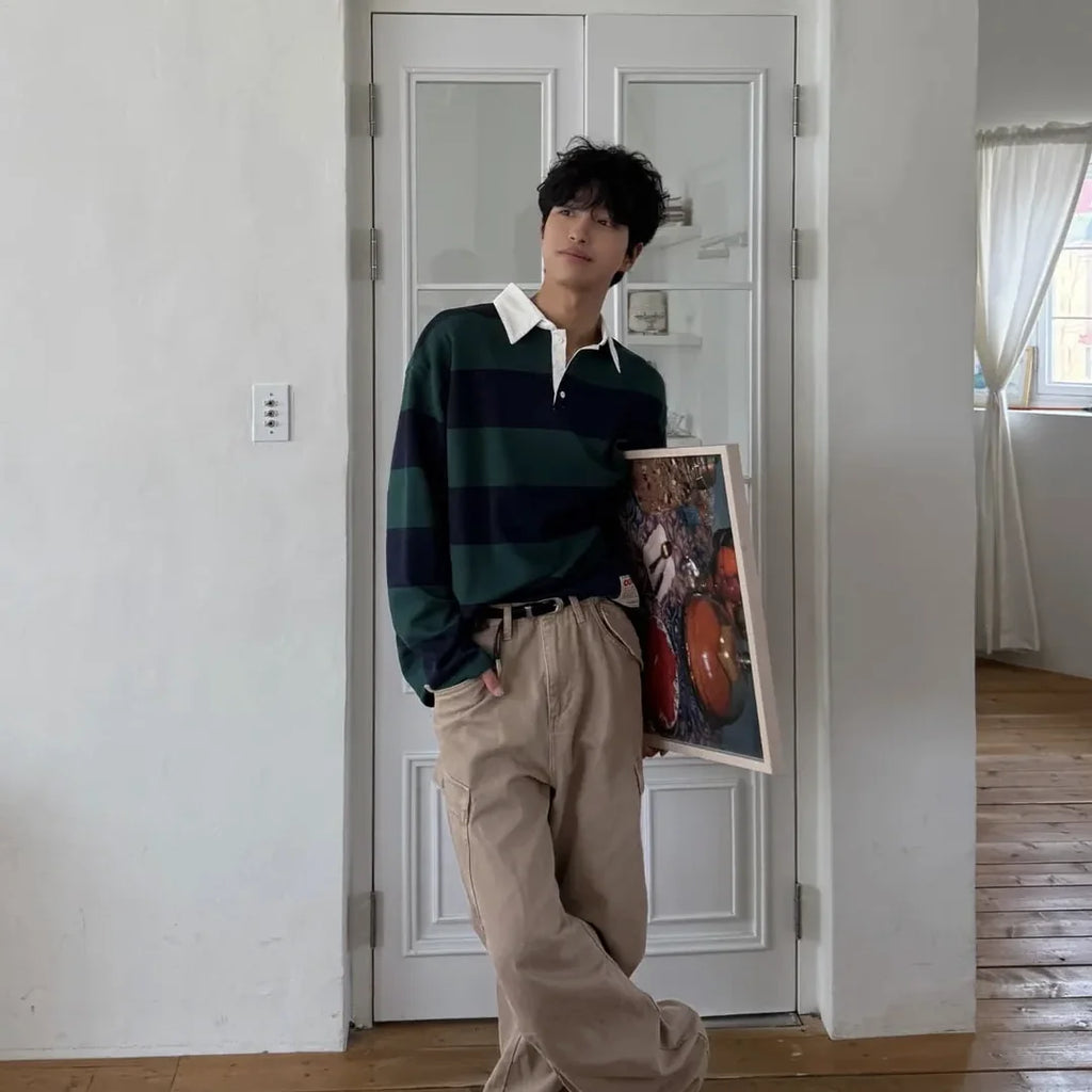 撞色領條紋長袖 Polo上衣 Contrast Collar Striped Long Sleeve Polo - 圖 3