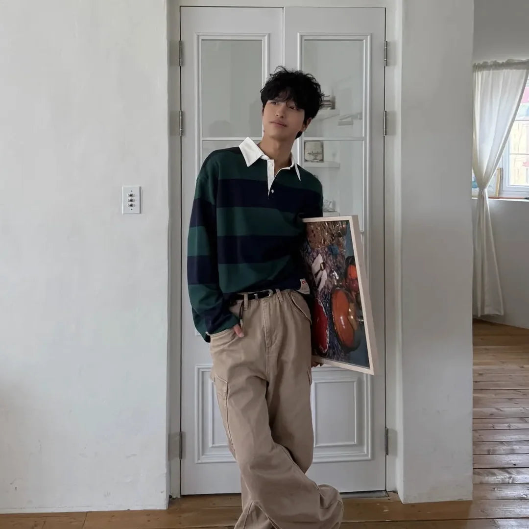 撞色領條紋長袖 Polo上衣 Contrast Collar Striped Long Sleeve Polo - 圖 3