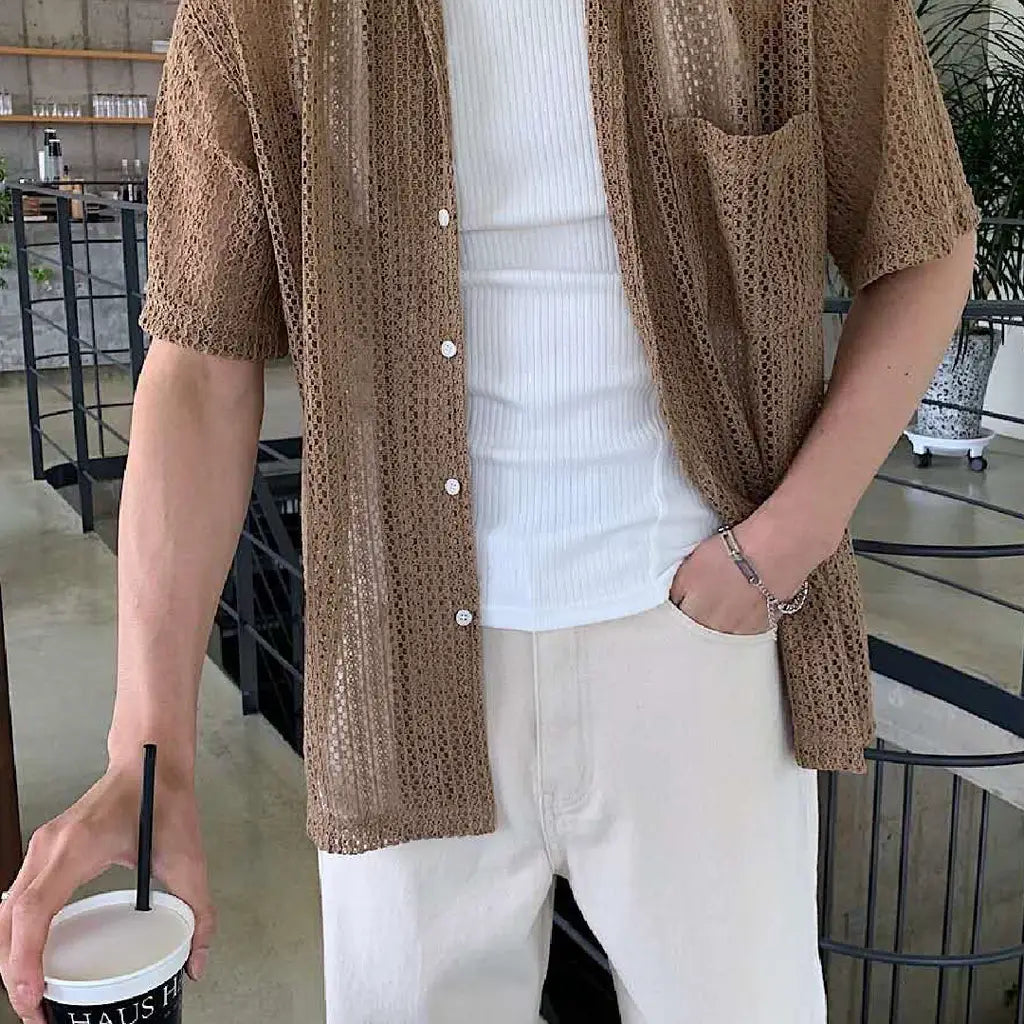 鏤空編織短袖襟衫 Open-Knit Mesh Short Sleeve Shirt
