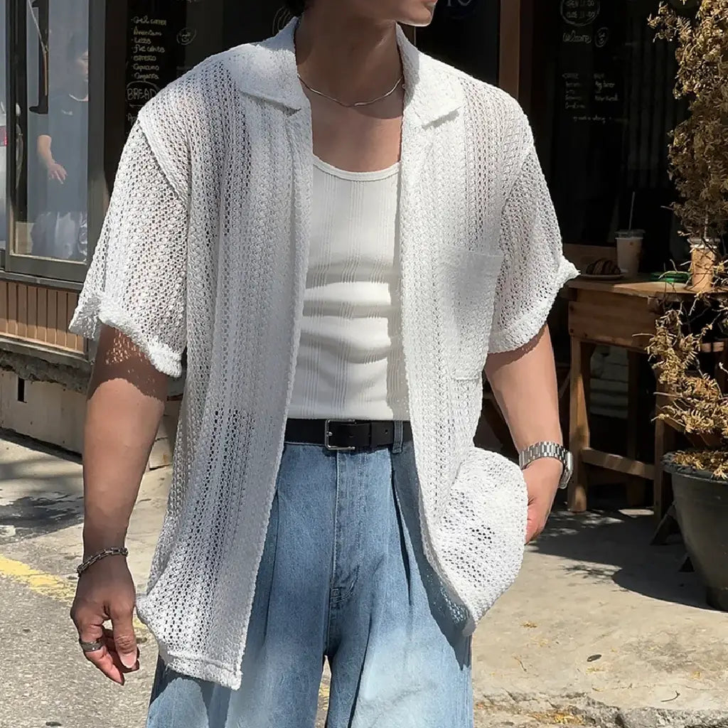 鏤空編織短袖襟衫 Open-Knit Mesh Short Sleeve Shirt