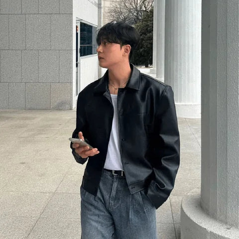 簡約皮質拉鍊外套 Minimal Leather Zip Jacket