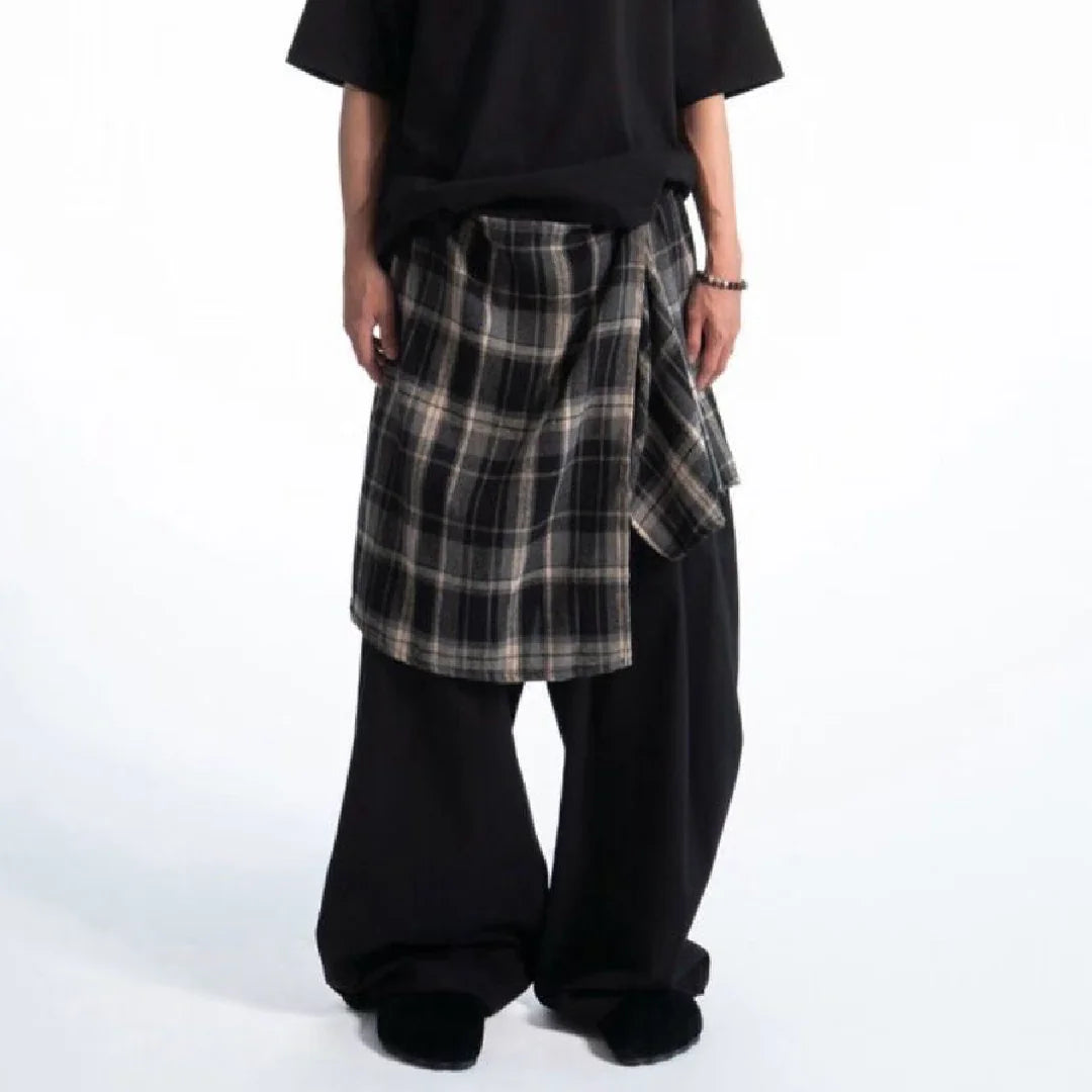 格仔拼布闊腳褲 Plaid Patchwork Wide-Leg Pants - 圖 2