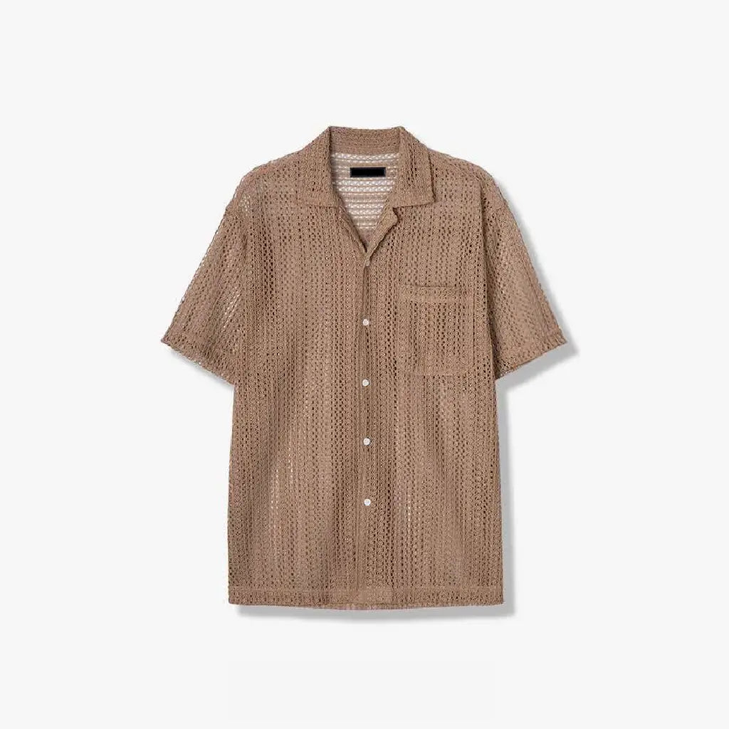 鏤空編織短袖襟衫 Open-Knit Mesh Short Sleeve Shirt