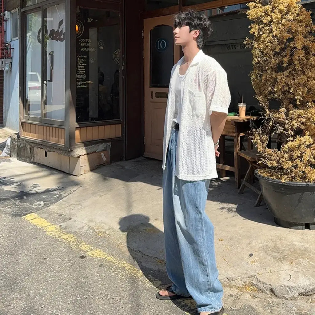 鏤空編織短袖襟衫 Open-Knit Mesh Short Sleeve Shirt