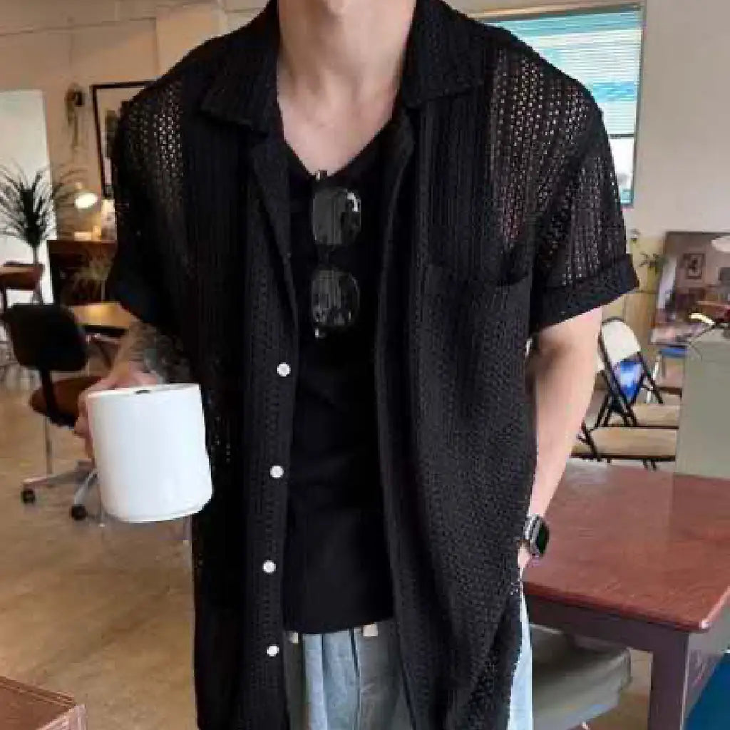 鏤空編織短袖襟衫 Open-Knit Mesh Short Sleeve Shirt