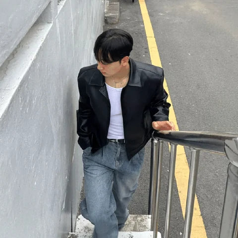 簡約皮質拉鍊外套 Minimal Leather Zip Jacket