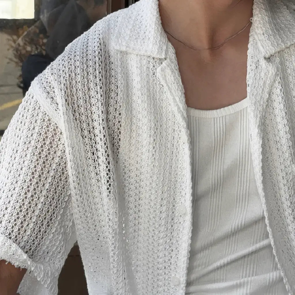 鏤空編織短袖襟衫 Open-Knit Mesh Short Sleeve Shirt