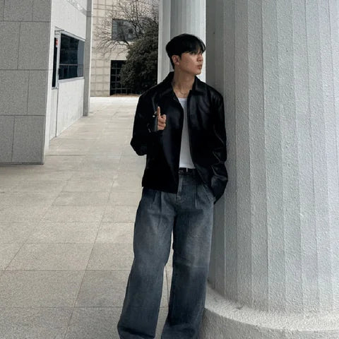 簡約皮質拉鍊外套 Minimal Leather Zip Jacket