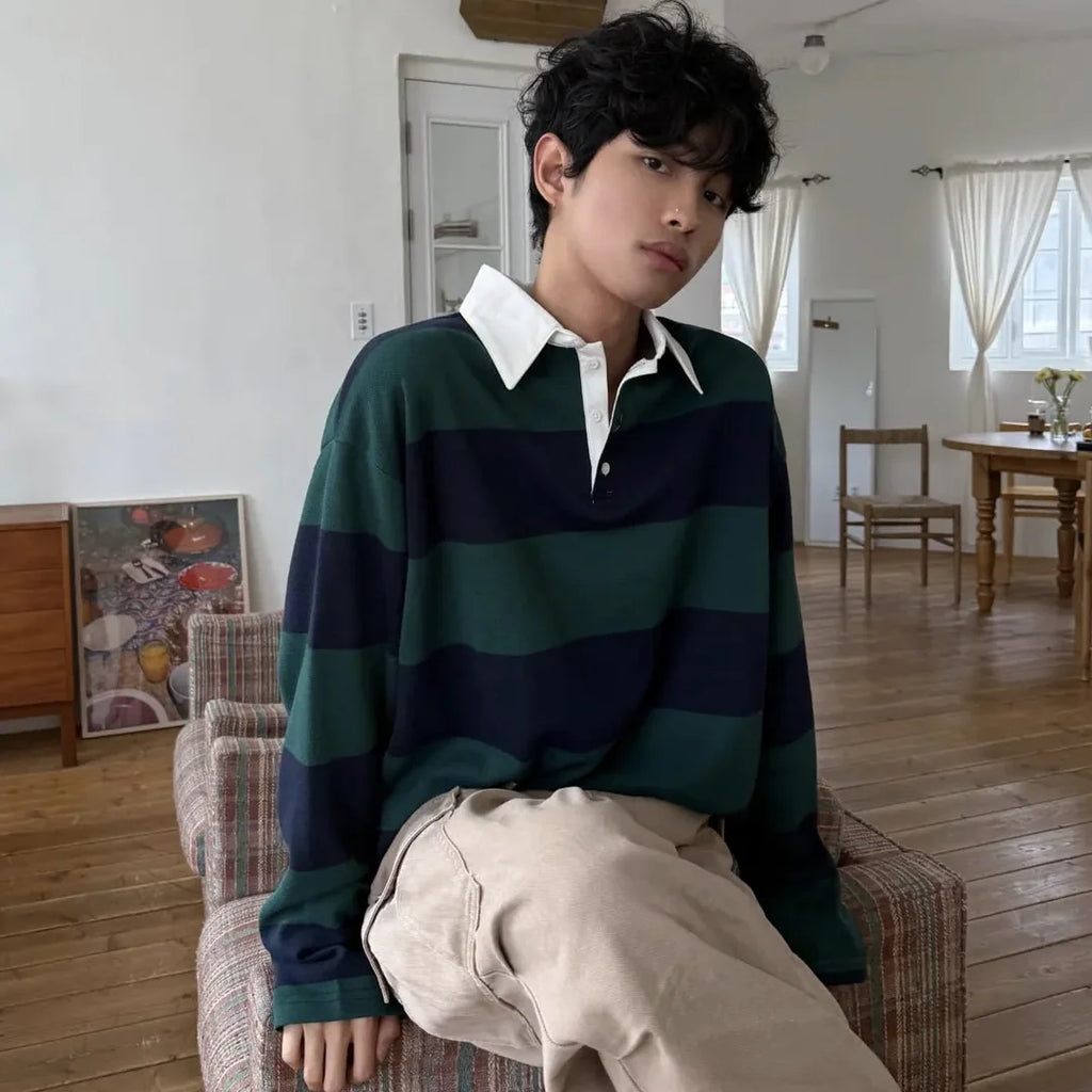撞色領條紋長袖 Polo上衣 Contrast Collar Striped Long Sleeve Polo - 圖 2