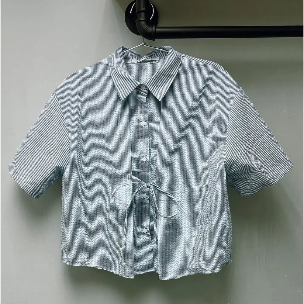 藍白間條綁結短身恤衫 Blue and White Striped Knotted Cropped Shirt