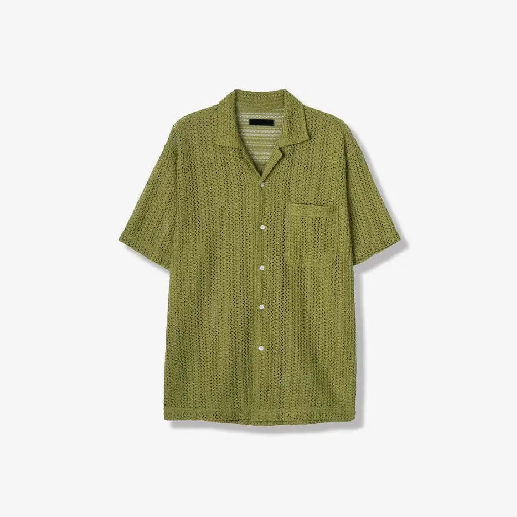 鏤空編織短袖襟衫 Open-Knit Mesh Short Sleeve Shirt