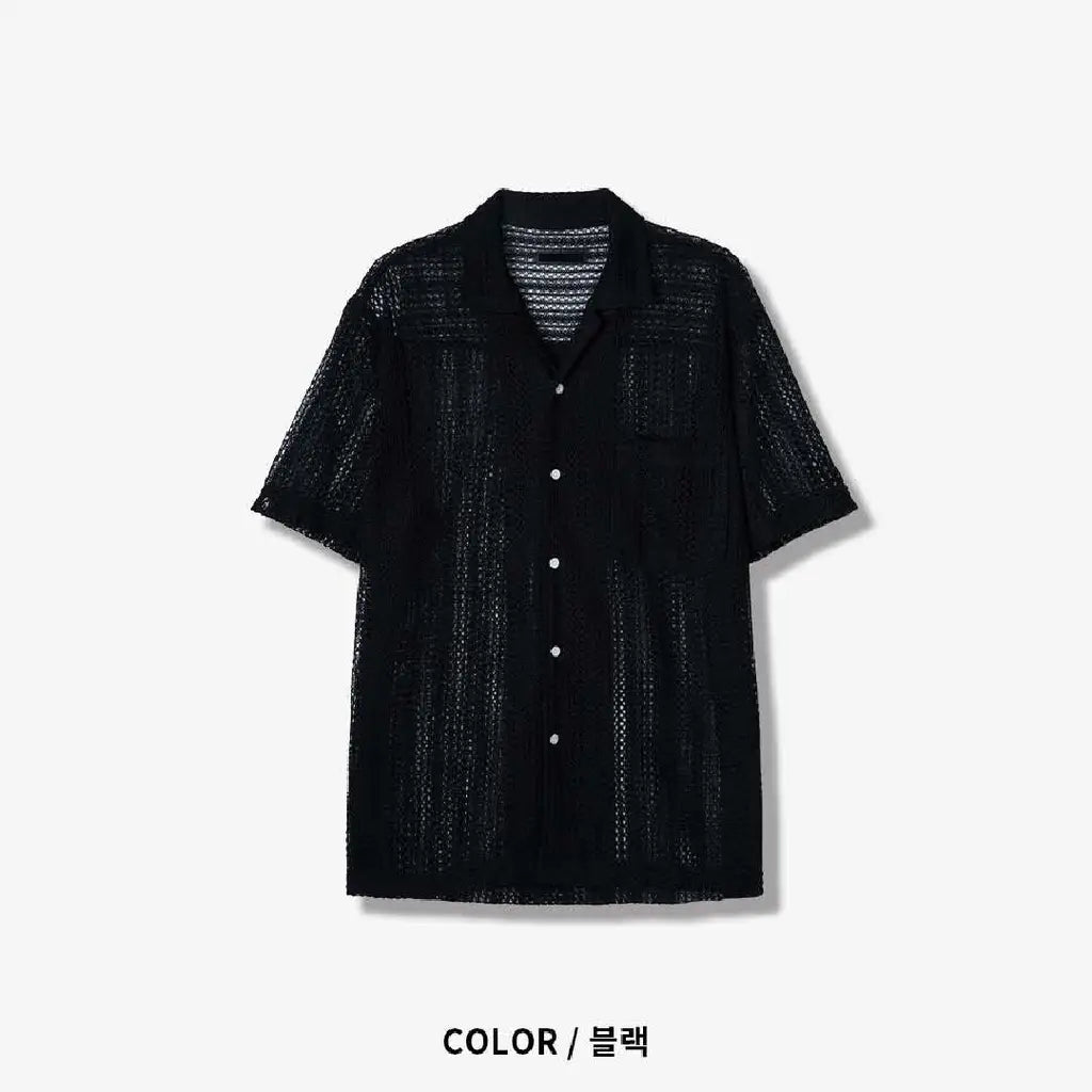 鏤空編織短袖襟衫 Open-Knit Mesh Short Sleeve Shirt