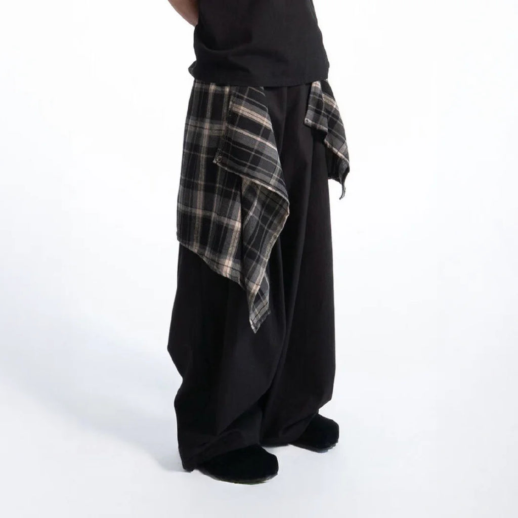 格仔拼布闊腳褲 Plaid Patchwork Wide-Leg Pants - 圖 1
